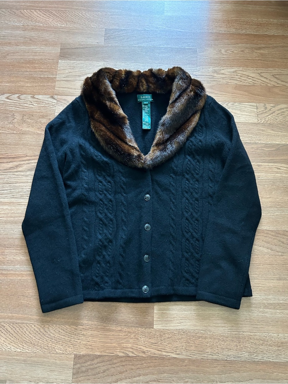 Lauren Ralph Lauren Black Cable-Knit Cardigan with Brown Faux Fur Shawl Collar.L